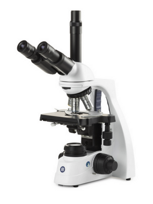 Microscopio Trinocular Oculares 10x/02mm, Revolver Quíntuple, Objetivos E-plan IOS 4/10/S40/S100x