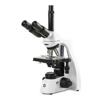 Microscopio Trinocular Oculares 10x/02mm, Revolver Quíntuple, Objetivos E-plan IOS 4/10/S40/S100x