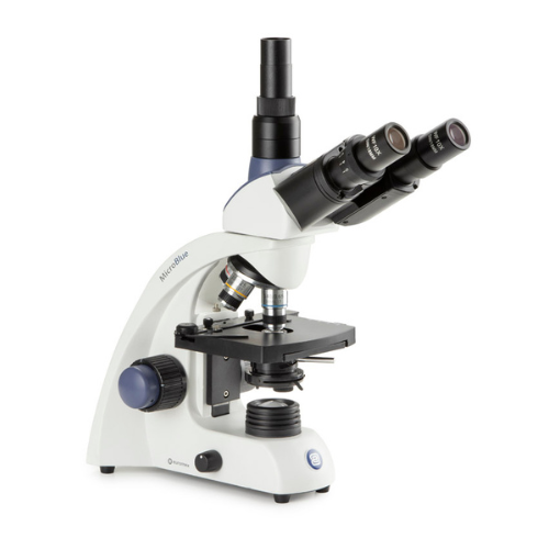 Microscopio Triocular Marca Euromex con 4 objetivos acromáticos 4/10/s40/s100 x. Platina mecánica, iluminación LED. Portátil con baterías recargables